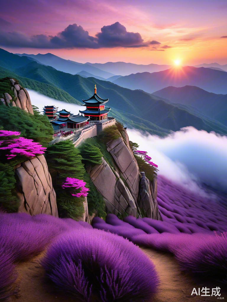 庐山香炉峰的紫色烟霞与阳光云雾