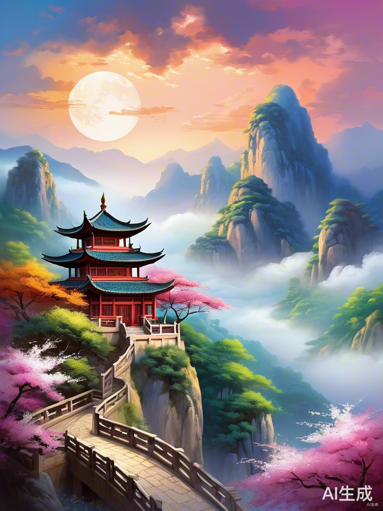 色彩斑斓的月夜天空与古代寺庙的梦幻画作