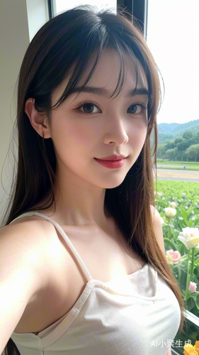 夏天海滩花海中的精致女人自拍