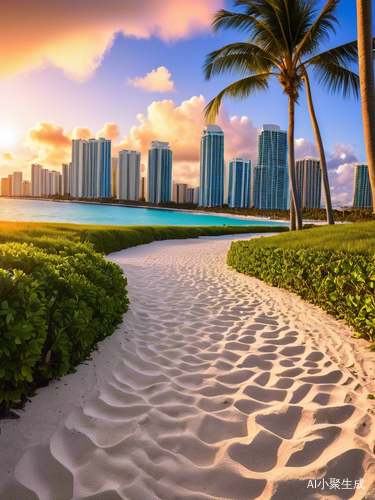 Miami Beach Sunset with Skyline and Palm Trees