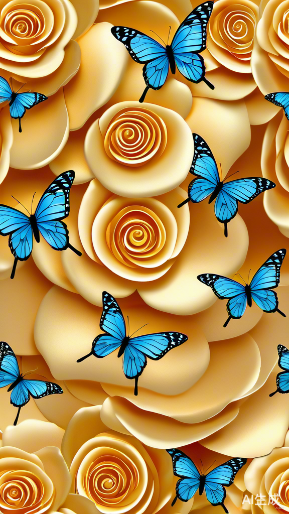 广阔金色天空下的香薰玫瑰与蝴蝶风景