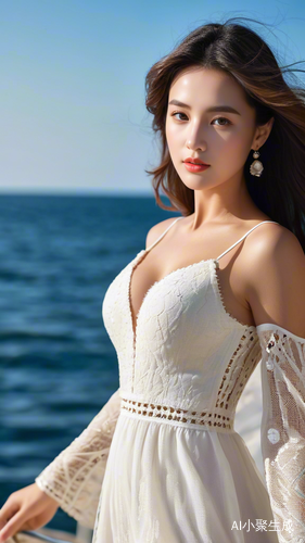 春天海边精致女人的户外自拍景象