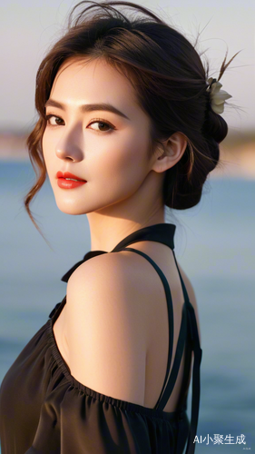 春天海边全景自拍的光影女人特写