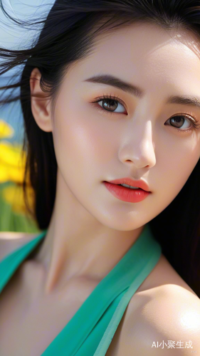 春天海边全景自拍的光影女人特写