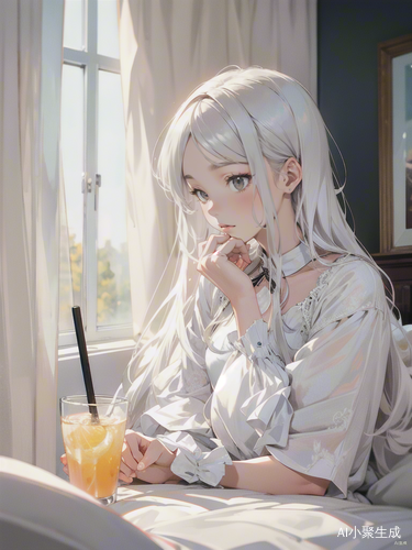 白发少女夏天室内躺床上玩手机的宁静时光