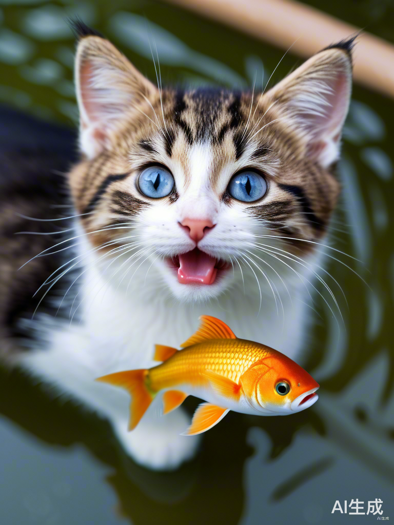 可爱小猫叼鱼的温馨瞬间