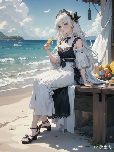 白发少女在夏日海滩享受丁达尔光与柠檬水