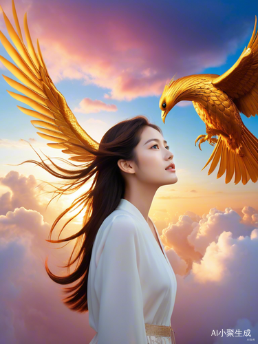 金色凤凰飞翔于五彩云朵上长发女孩仰望天空