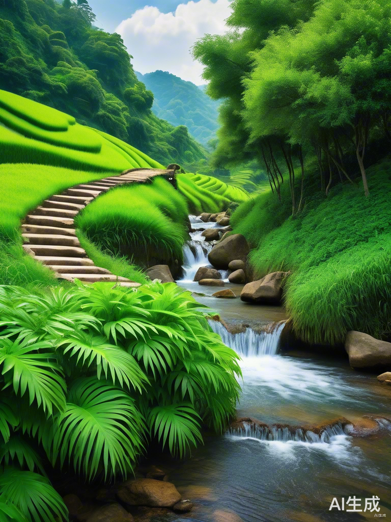 青山丛林与小桥流水的田园景致