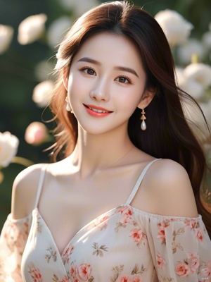 A cheerful and sweet woman, with a lovely oval face, a sunny aura, a smile, wearing a floral dress, bright sunlight, vivid light and shadow, delicate appearance, high-quality CG, movie-level picture quality, warm atmosphere, beautiful. Confidently looking towards the future, long hair, black eyes, expressive eyes, delicate nose, rosy lips, charming smile, front view, full-body portrait, high-quality CG, 8K resolution, clear and clean background.