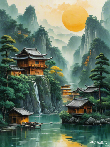 国风山水油画中的水与山树的色彩之美