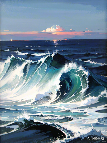 梵高风格的海洋与晚霞油画作品