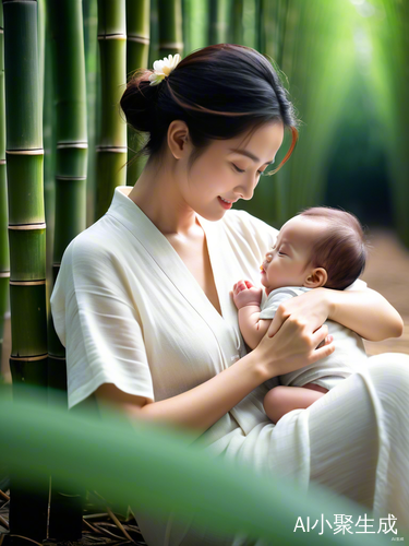竹林中母亲喂奶的小婴儿
