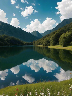 清澈的湖面，湖边有绿色的草地，草地上有各种鲜花，旁边有个小房子，后面有一些绿色的树和丛林，天气蓝天白云，高清画质，写实，摄影图