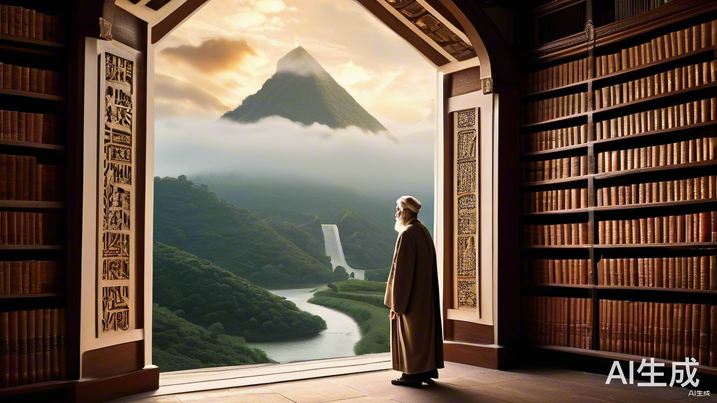 古籍中的智者步入云雾山水画卷