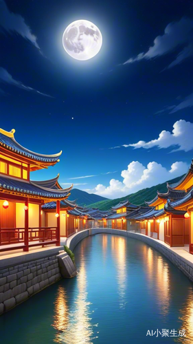 中秋月升银光照团圆村庄