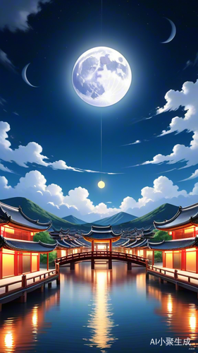 中秋月升银光照团圆村庄