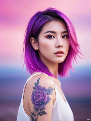 A beautiful woman with full-body fluorescent purple tattoos, glowing purple tattoos, high diffusion, fair skin, cold color portrait, surreal, pink hair with brown undercut, chromatic aberration, flowing light, diffused atmosphere, supernatural, sharp and vibrant photography, cinematic, fantasy landscape background, photorealistic, realistic anime style, ultra-high quality.