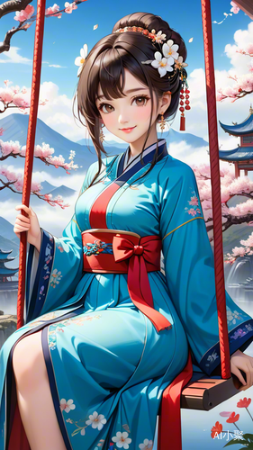 Hanfu Woman on Swing Surrounded by Flowers and Fireflies in Fairy Tale Landscape