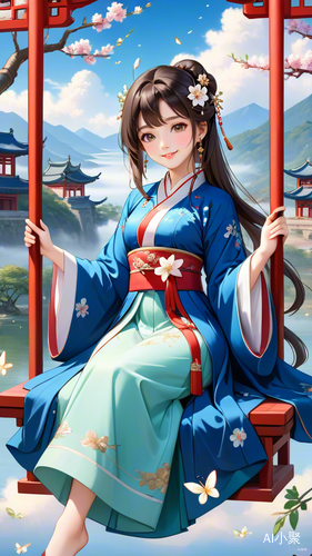 Hanfu Woman on Swing Surrounded by Flowers and Fireflies in Fairy Tale Landscape