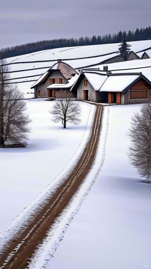 冬季中央的一座小土坯房，村庄，几处房子，屋顶和墙壁覆盖着雪，房子正前面有泥墙，栅栏大门，一座标准的农家小院，泥土路、覆盖着雪的地面和灰暗的天空，使用iPhone相机拍摄。该场景在无人机镜头下拍摄，鸟瞰图