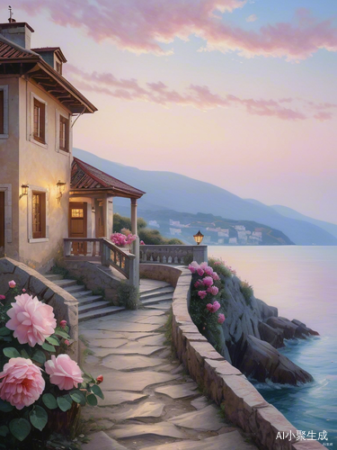 蔷薇环绕的海边石屋油画的精致美