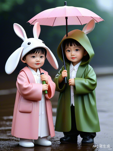 两个Q版小人在雨中趣味相遇