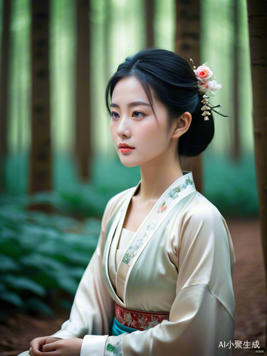 古风森林中的大眼睛女孩打坐