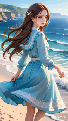 长发女生在海边唯美散步
