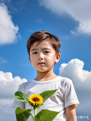 小男孩与向日葵在蓝天白云下的美好时光