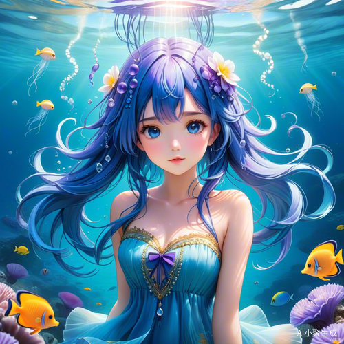 蓝发女孩与水母的海洋梦境