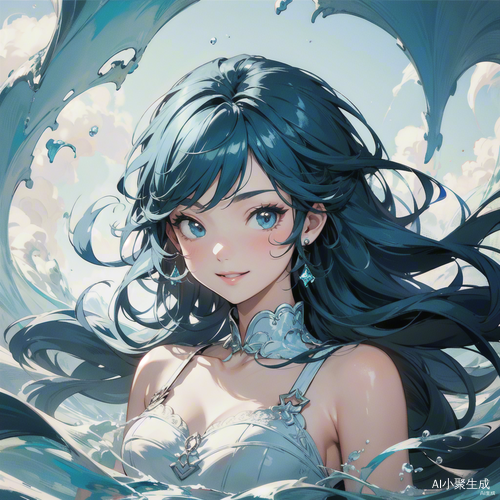 低饱和度蓝发女孩浸没海水中微笑
