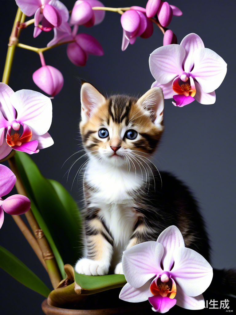 小猫坐在兰花树上的画