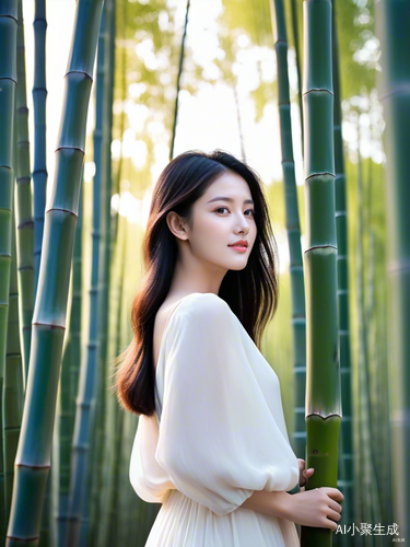 女孩在黄昏竹林中远眺的写实风景