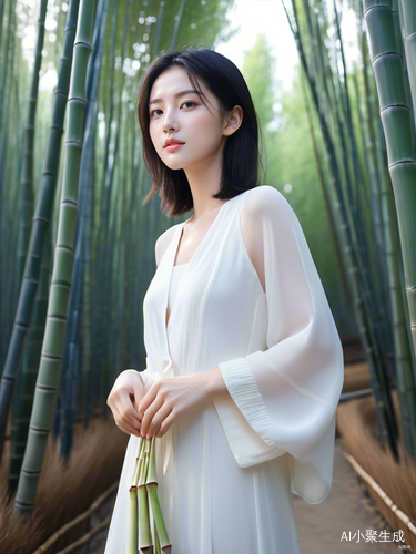 女孩在黄昏竹林中远眺的写实风景