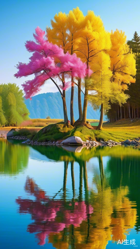 平静湖面小岛的色彩倒影与自然和谐