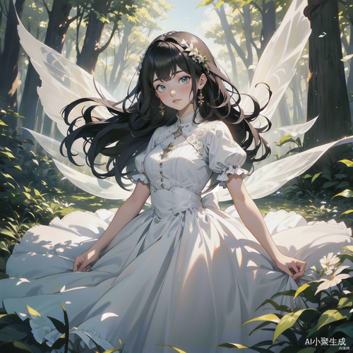 黑发公主在梦幻森林中漫步的浪漫童话