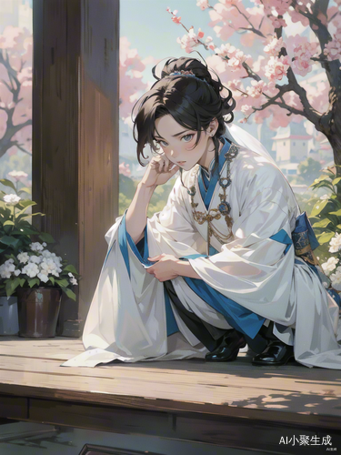 宫殿内庄重神秘的姜琬与太监递花的场景