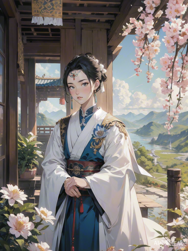 宫殿内庄重神秘的姜琬与太监递花的场景