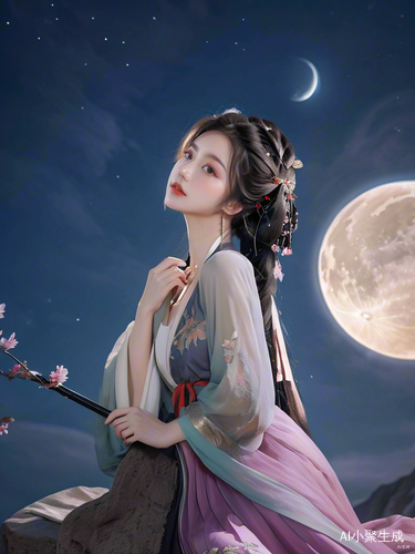 夜晚月下古装女子的野外身影