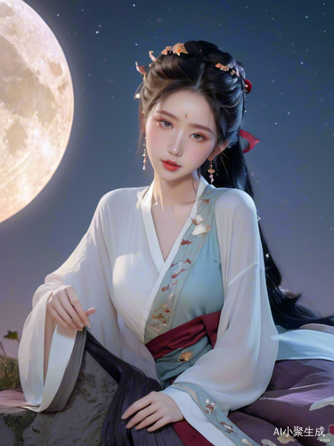 夜晚月下古装女子的野外身影