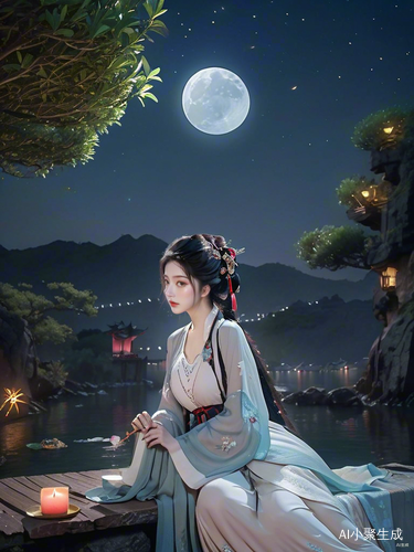 夜晚月下古装女子的野外身影