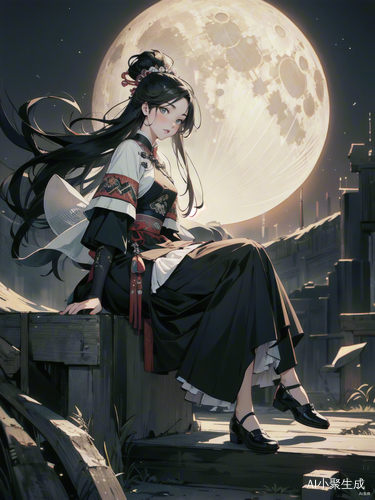 古代夜晚月下的黑发女子