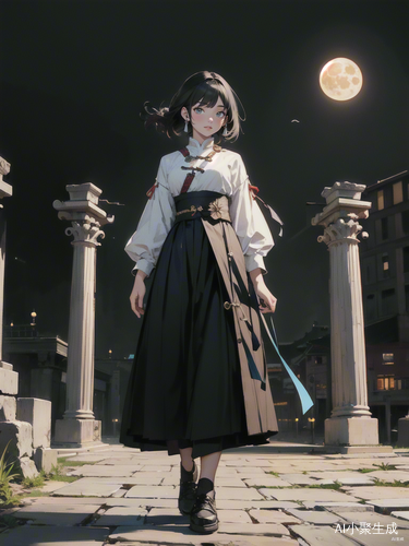 古代夜晚月下的黑发女子