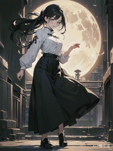 古代夜晚月下的黑发女子