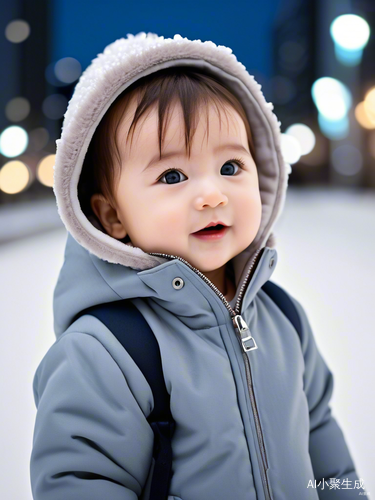 可爱婴儿冬装自拍雪中夜景东京