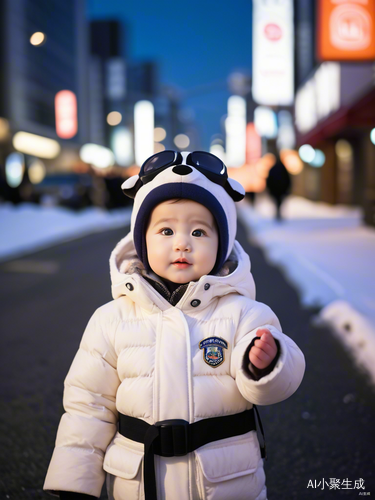 可爱婴儿冬装自拍雪中夜景东京