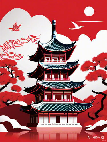 极简红色中国剪纸文昌塔扁平化风格矢量图
