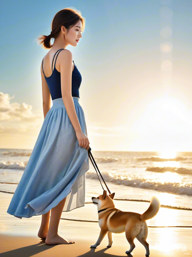 女孩沙滩背影抱柴犬阳光下的温馨瞬间