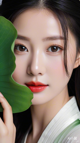 Mid-shot, half-length, elegant Shanghai woman, a large green lotus leaf on her face, covering half of her face, beautiful eyes, long eyelashes, smiling with red lips, clean face, smooth lines, black Hanfu, pure white background, ethereal Zen, large blank space above, minimalism